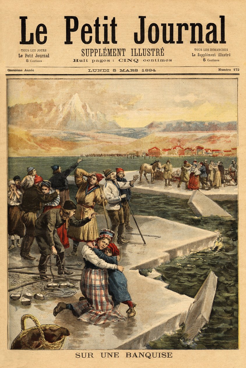 Un enorme blocco di ghiaccio si stacca dalla terraferma a Helsingfors (golfo meridionale della Finlandia), portando oltre 500 persone e 20 cavalli in mare aperto. Incisione in “Le petit journal” 5/03/1894. Collezione Selva da Unknown artist