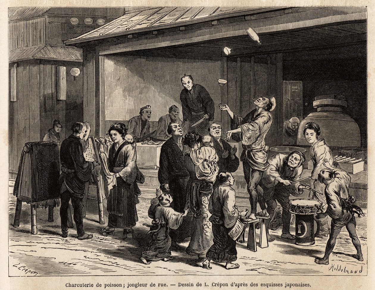 Una scena vivace di una strada di Edo (Tokyo), con un giocoliere itinerante davanti a una pescheria e un venditore di stoffe a buon mercato. Incisione per illustrare il viaggio in Giappone, di Aime Humbert, ministro della Confederazione Svizzera, nel 1863- da Unknown artist
