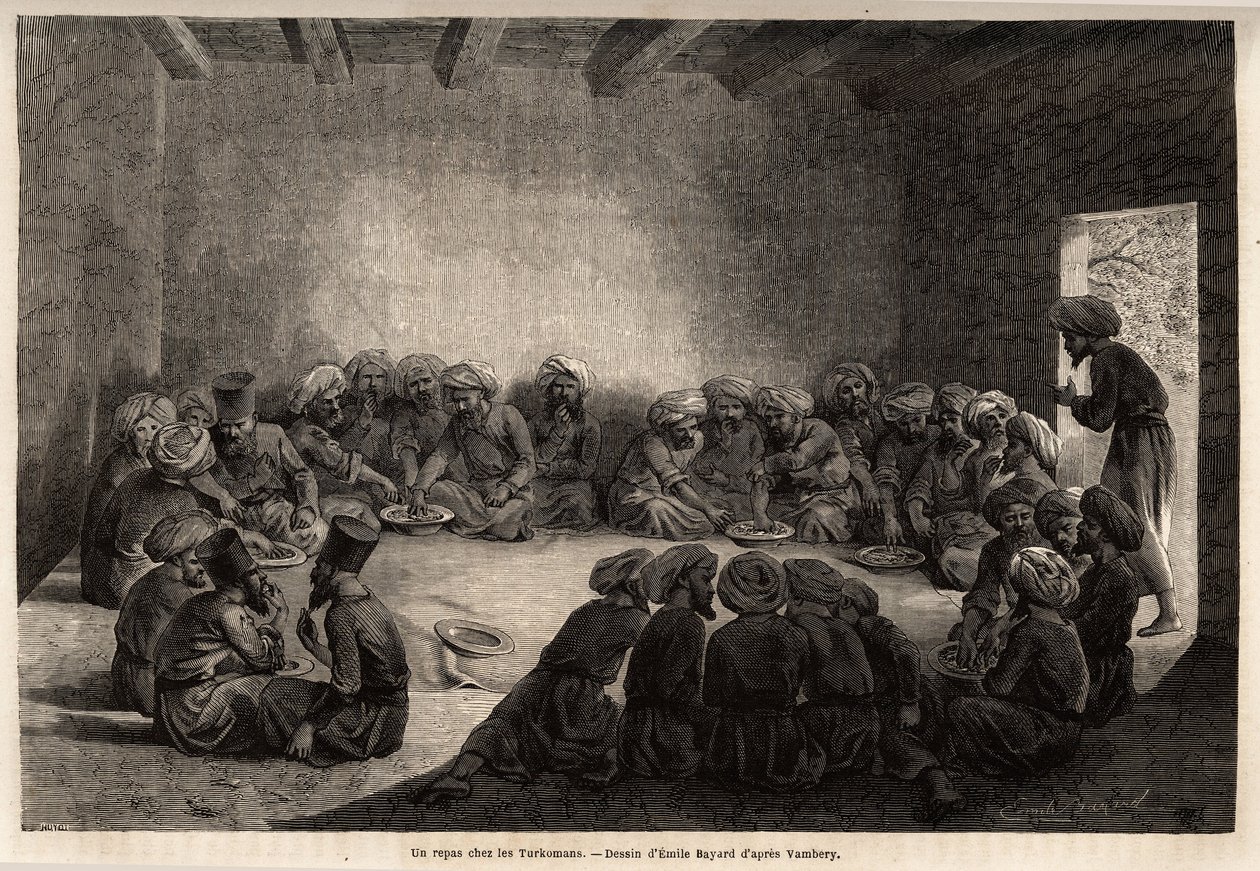 Un pasto dai Turcomanni (Iraq). Disegno di Emile Bayard (1837-1891), per illustrare il viaggio in Asia Centrale, nel 1863, di Arminius Vambery (scienziato ungherese travestito da derviscio). Incisione in "Le tour du monde", a cura di Edouard Charton. da Unknown artist