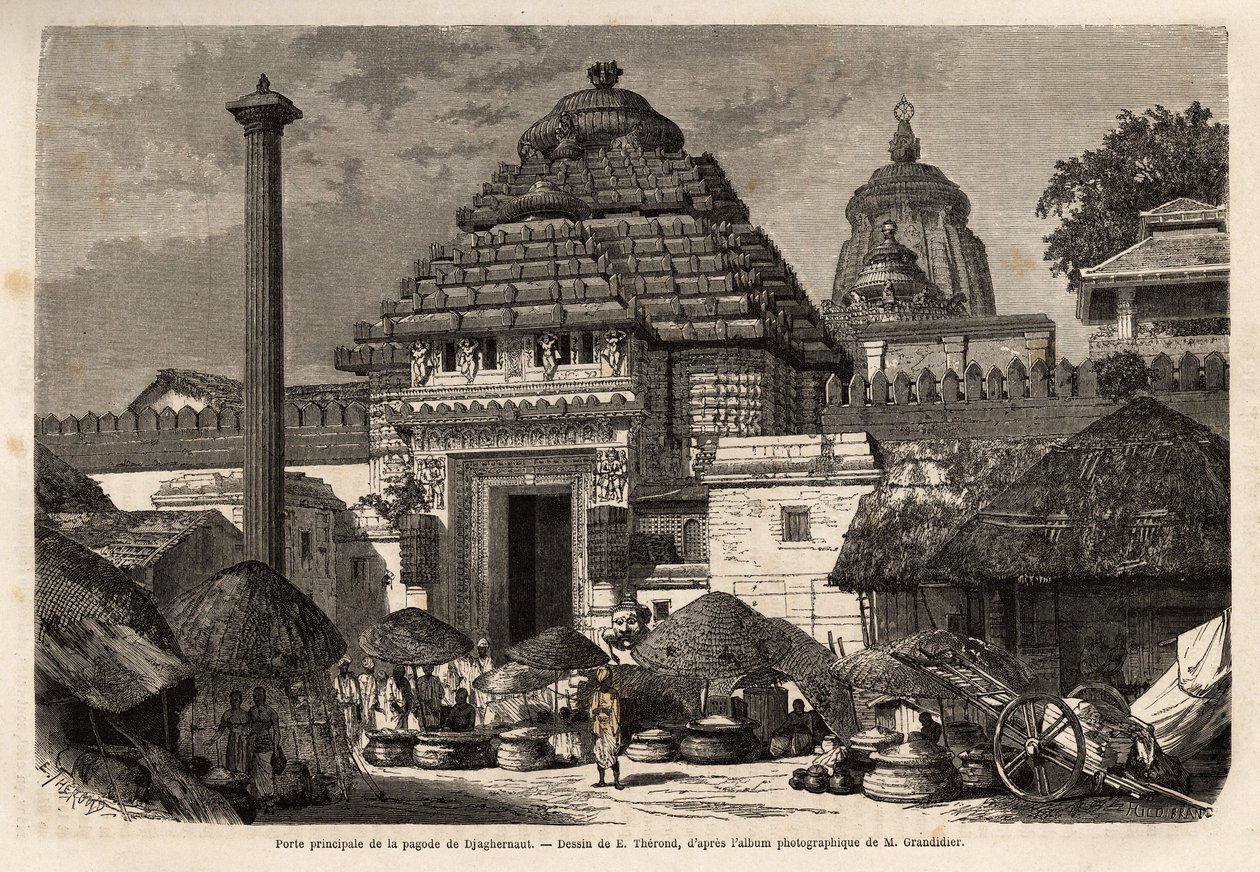 Una passeggiata popolare davanti alla porta principale della Pagoda Djaghernaut (costruita intorno al 1200), una città santa e luogo di pellegrinaggio nel sud del Bengala. Incisione per illustrare il viaggio nelle province meridionali dell