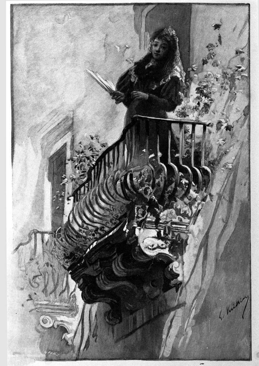 Una bella donna ha il suo balcone fiorito una sera d