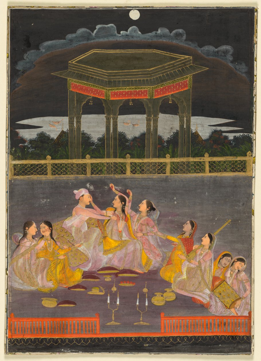 Un principe che celebra Holi con donne del palazzo su una terrazza di notte (recto); calligrafia di un quartina (verso) da Unknown artist