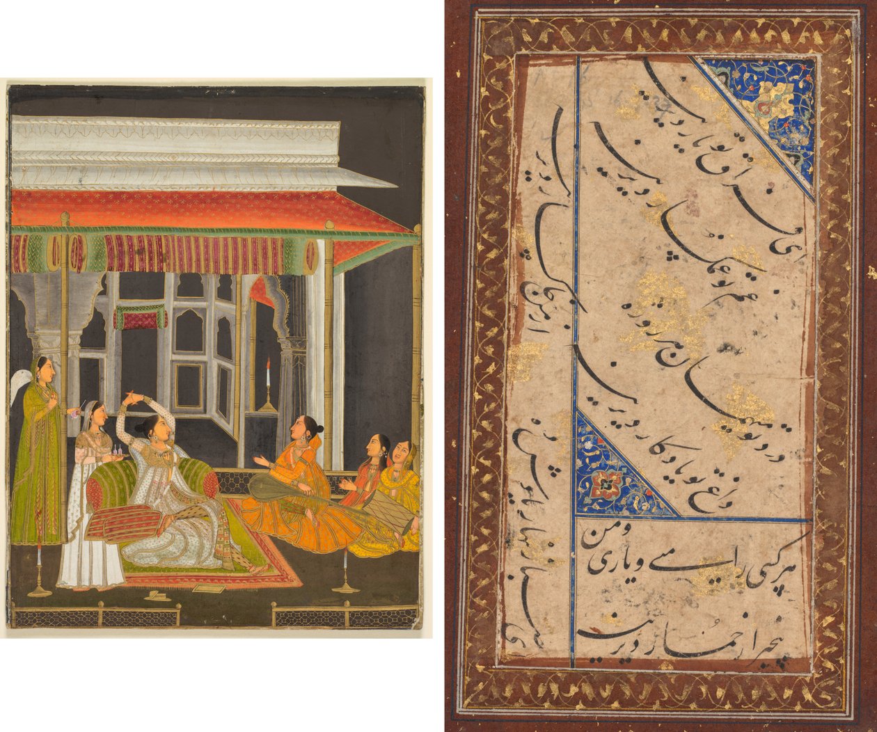 Una principessa su una terrazza con attendenti di notte (recto); Calligrafia (verso) da Unknown artist