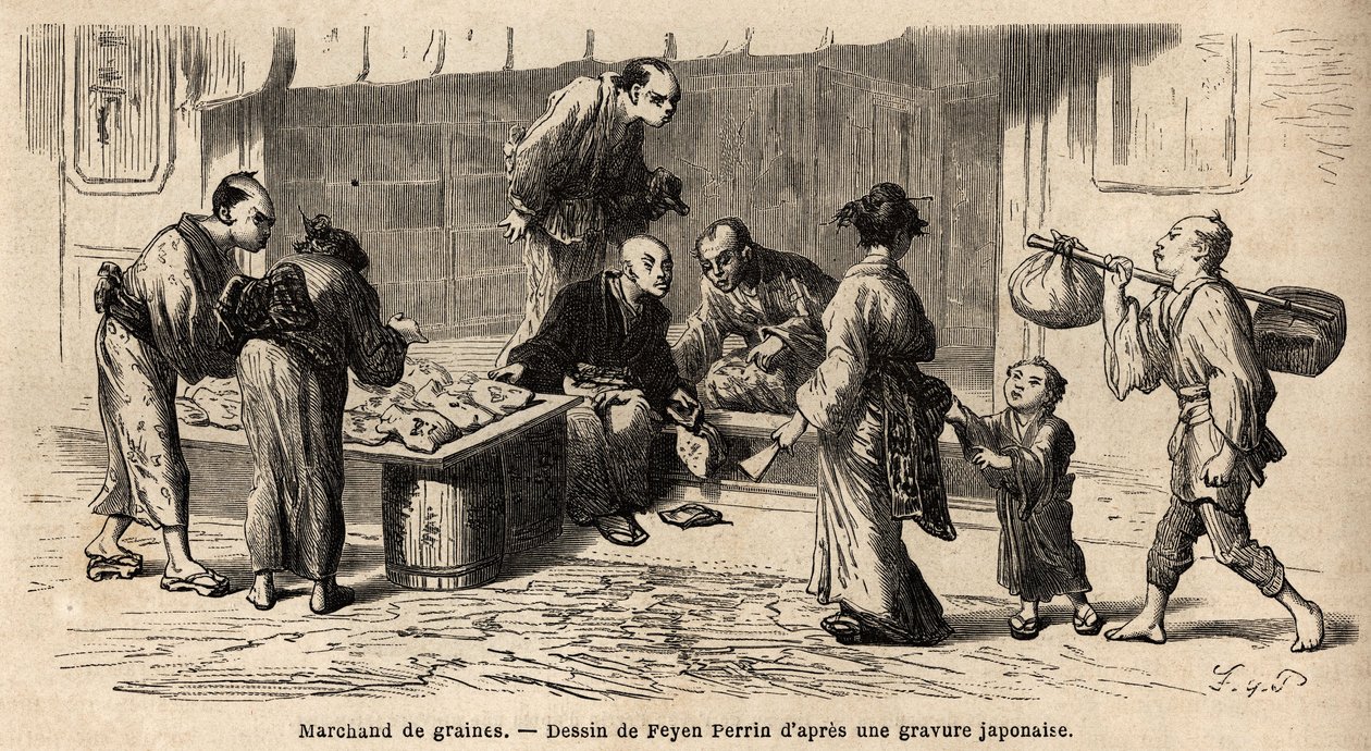 Un venditore di semi in mezzo alla strada. Incisione per illustrare il viaggio in Giappone, nel 1863-1864, di Aime Humbert, ministro della Confederazione Svizzera, in 