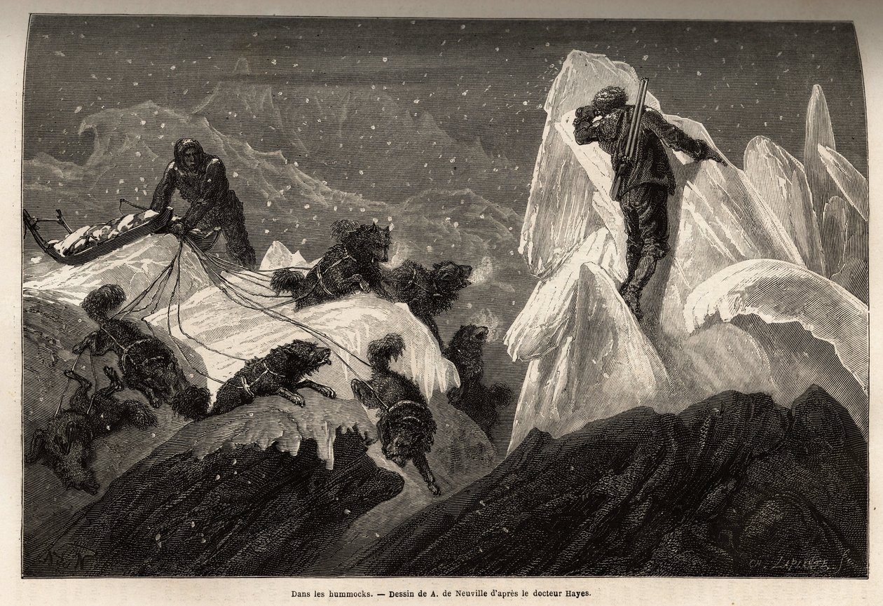 Una slitta e il suo equipaggio persi nei Hummocks, blocchi di ghiaccio che animano la superficie del pack. Incisione per illustrare il viaggio al mare libero del polo artico, del Dottor Hayes, chirurgo della Marina degli Stati Uniti, nel 1860-1862, pubblic da Unknown artist
