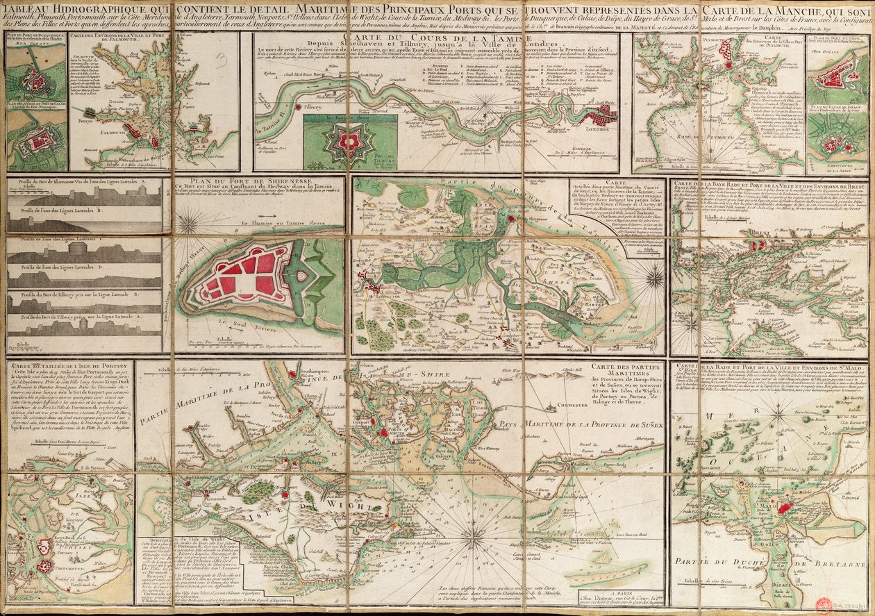 Una tabella contenente i dettagli dei principali porti marittimi rappresentati nella mappa del Canale della Manica, c.1780 da Unknown artist