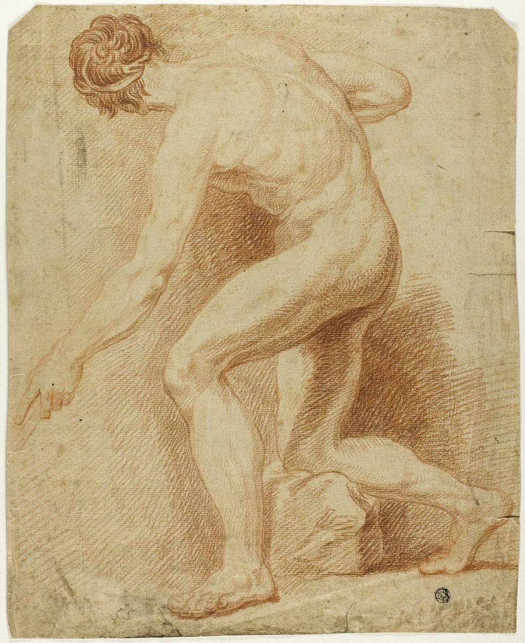 Nudo maschile accademico, inginocchiato a metà e visto di schiena da Unknown artist