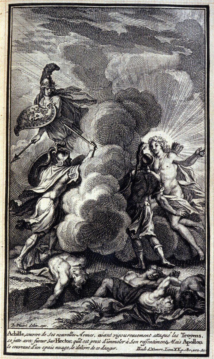 Achille, coperto con le sue nuove armi, dopo aver attaccato con rigore i Troiani, si scaglia con furia su Ettore, che è pronto a massacrare per il suo risentimento, ma Apollo lo copre con una fitta nube e lo libera da questo pericolo. Illustrazione del lib da Unknown artist