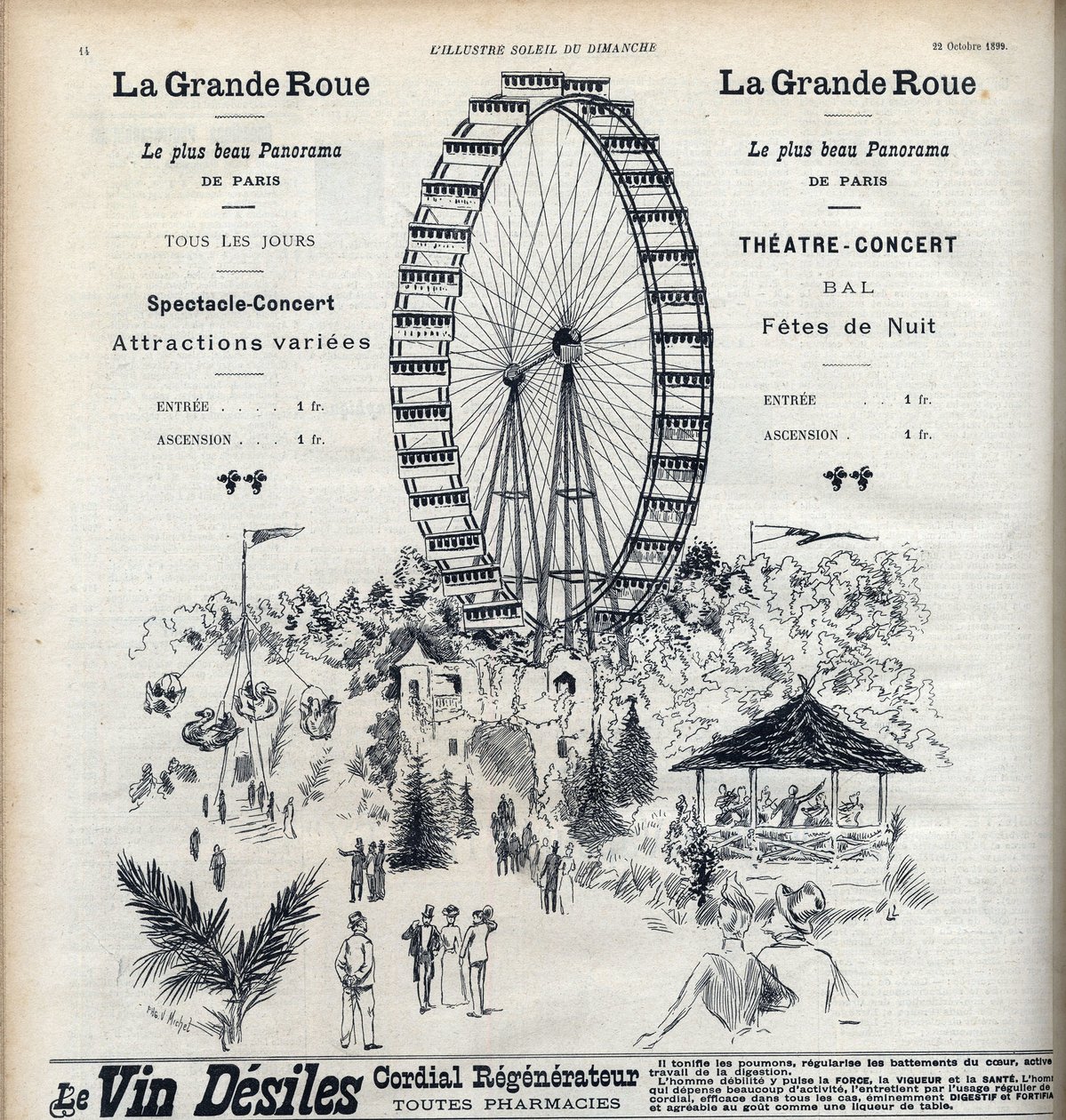 Pubblicità per la Ruota Panoramica di Parigi che offre il panorama più bello della città per 1 franco. Incisione in "Le soleil-du-dimanche" da Unknown artist