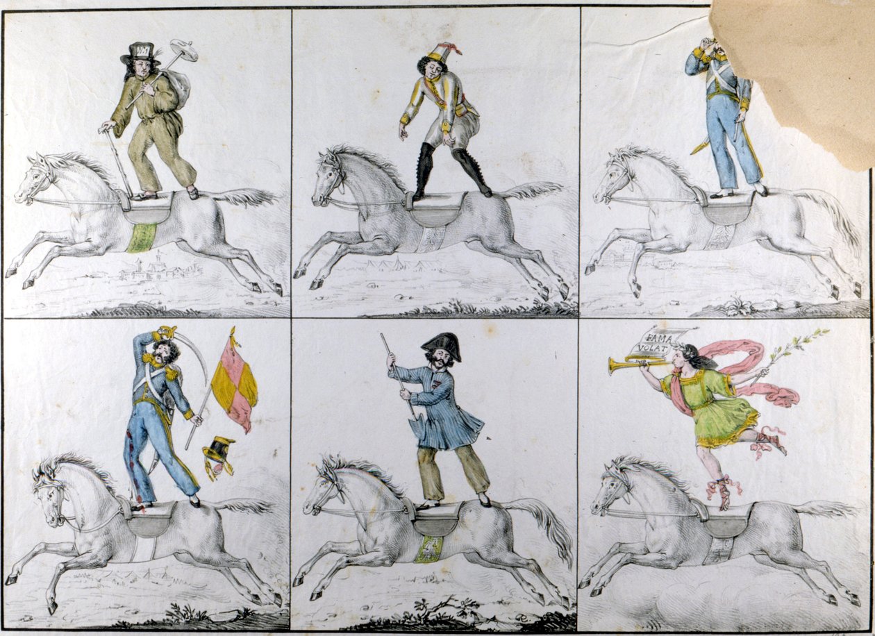 Acrobazie: esercizi acrobatici a cavallo. Incisione. da Unknown artist