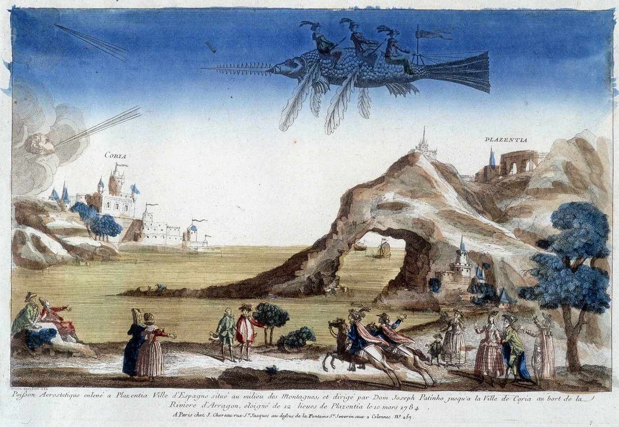 Pesce aerostatico sollevato a Plazentia, Spagna, diretto da Dom Joseph Patinho, volando verso la città di Coria sulle rive del fiume Arragon (12 leghe da Plazentia) il 10 marzo da Unknown artist