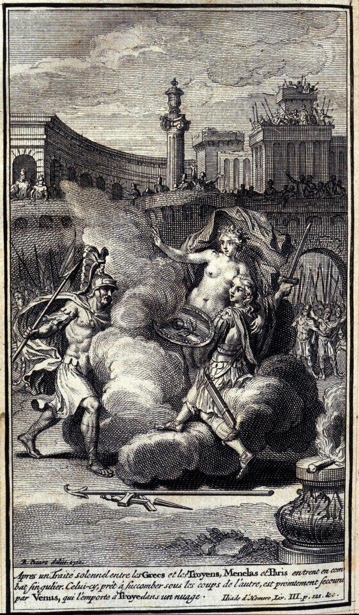 Dopo un solenne accordo tra Greci e Troiani, Menelao e Paride entrarono in un singolare duello. Paride, pronto a soccombere sotto i colpi di Menelao, viene salvato da Venere che lo porta a Troia in una nuvola. Illustrazione del libro III dell