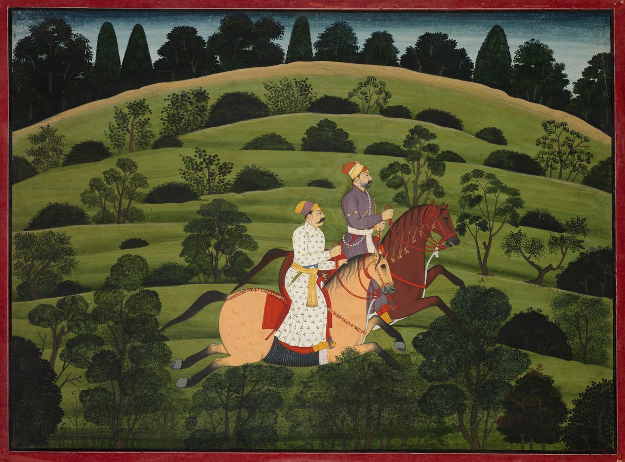 Akrura cavalca verso Dwarka, pagina dal grande Basohli Bhagavata Purana da Unknown artist