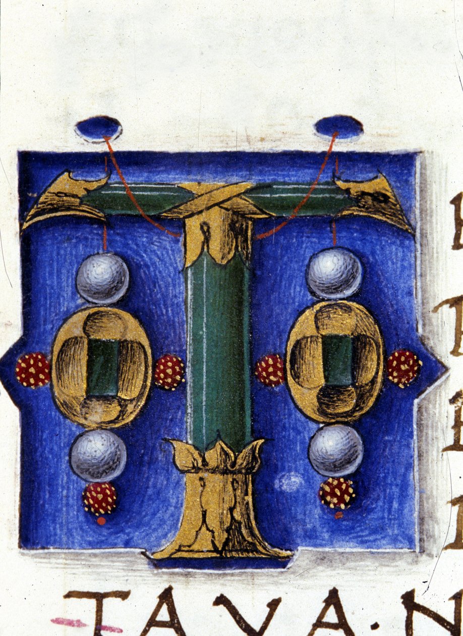Alfabeto: lettera miniata T da Unknown artist