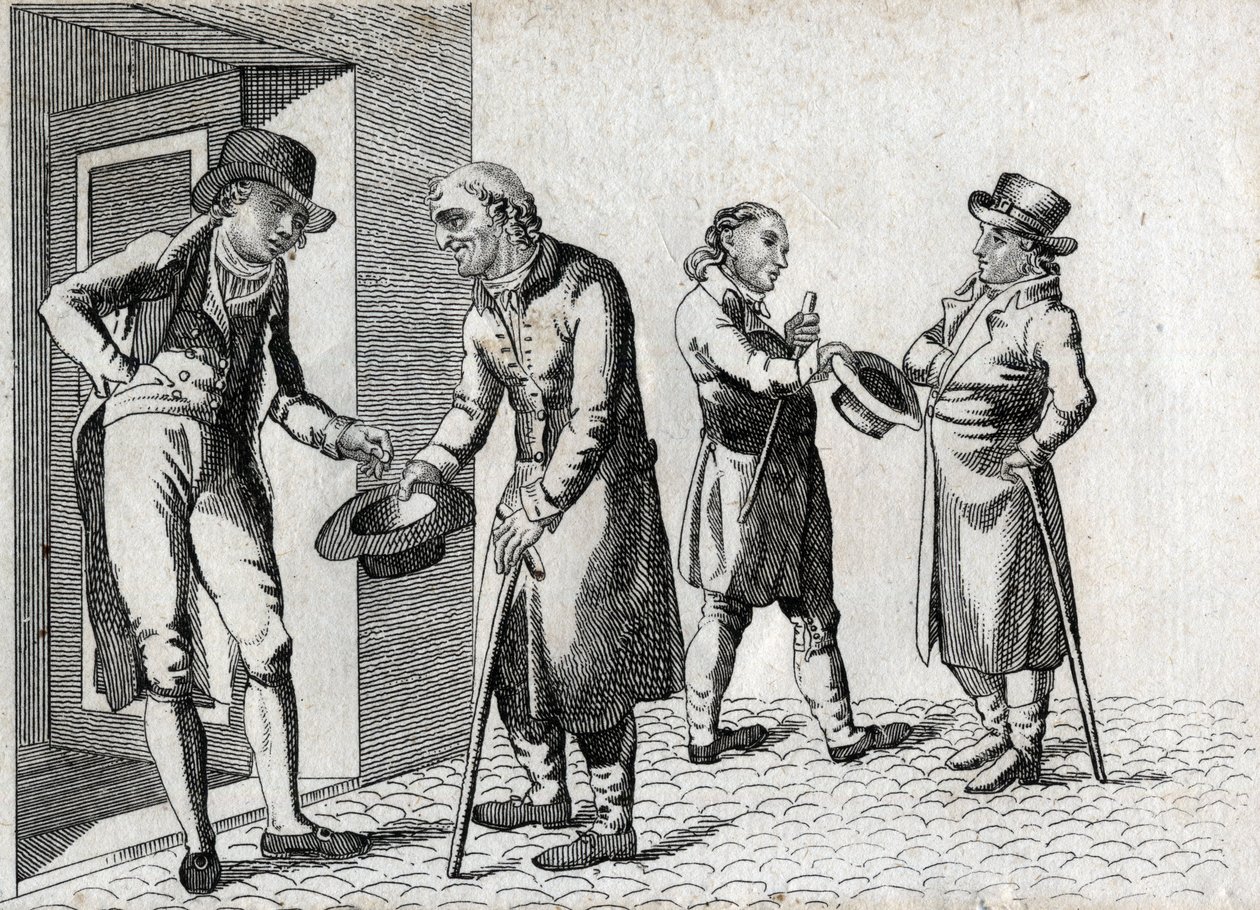 Mendicanti che tendono cappelli per raccogliere monete. Incisione di fine XVIII secolo. Collezione privata. da Unknown artist