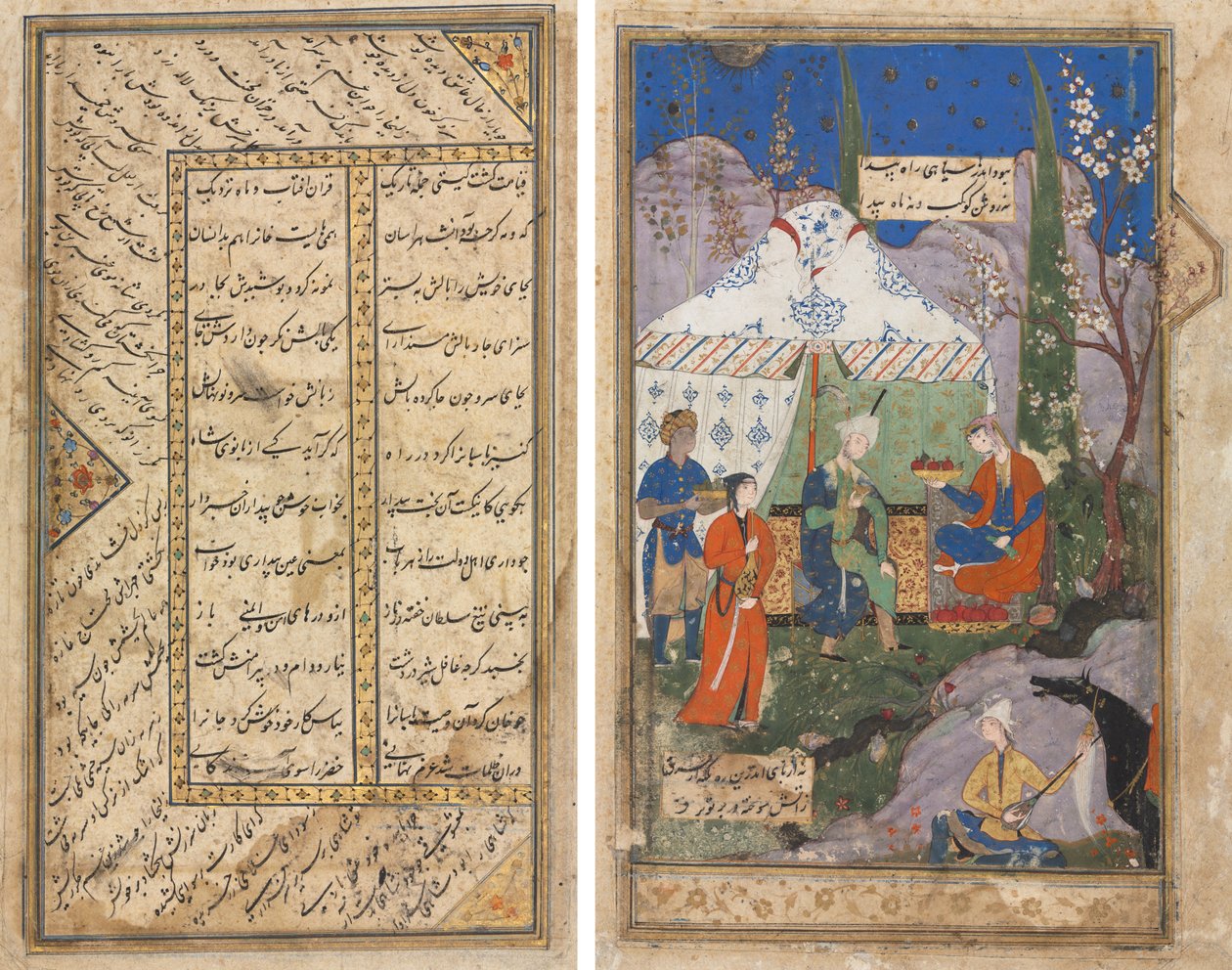 Un Episodio dalla Storia del Re Sasanide Khusrau e della Sua Amata Shirin, da un Khamsa (Quintetto) di Nizami (1141–1209) (verso); Versi Persiani da un Haft Awrang (Sette Troni) di Jami (m. 1492) (recto) da Unknown artist
