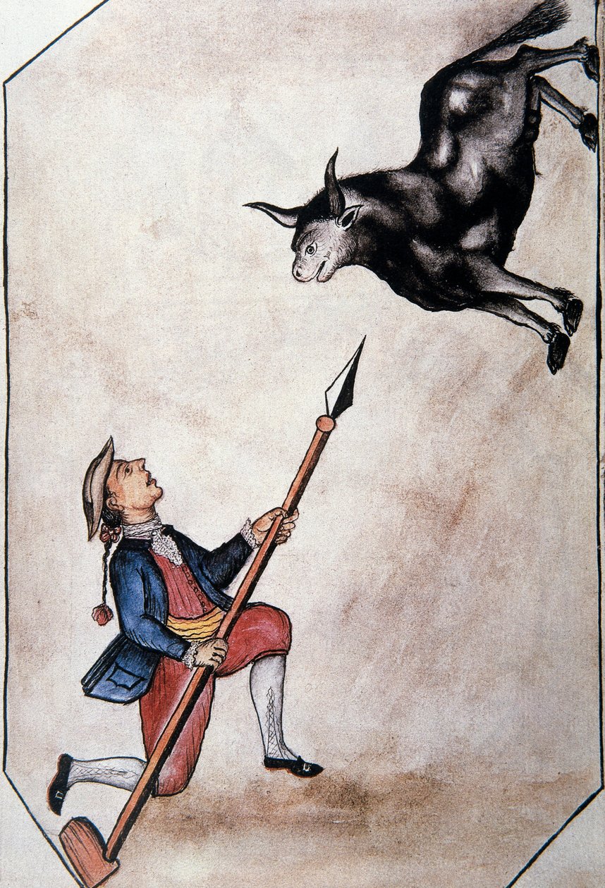Un indiano che punta un toro con la sua lancia, dal libro "Trujillo del Peru" o "Codice Martínez Compañón", di Baltazar Martinez Compañón y Bujanda, vescovo di Trujillo (1782-1785) da Unknown artist
