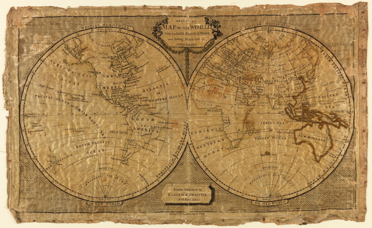 Mappa del mondo per il ricamo delle signore e i giovani studenti di geografia da Unknown artist
