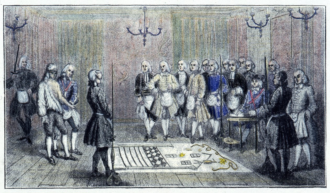 Una loggia di apprendisti a Parigi, circa 1740: questa scena raffigura la ricezione di un "apprendista" massone (sul pavimento il dipinto della loggia degli apprendisti) - secondo un