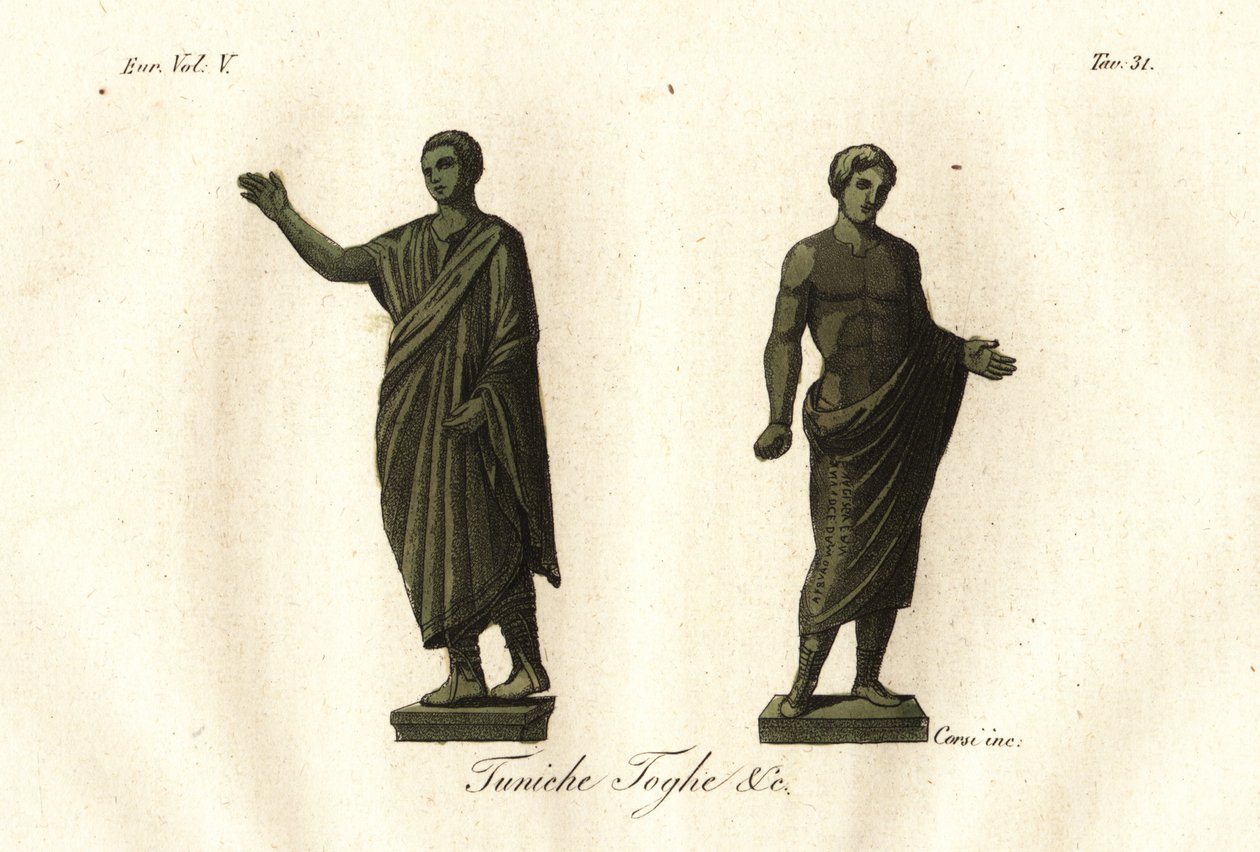 Antiche statue etrusche che mostrano uomini che indossano la toga, tunica, calzari, ecc. da Unknown artist