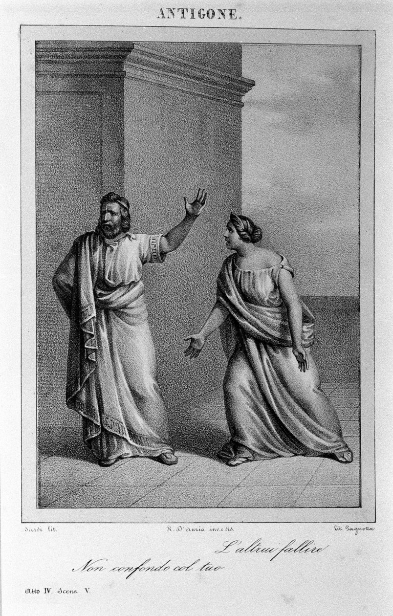 Antigone Atto IV, scena 5. Tragedia italiana di Vittorio Alfieri scritta nel 1783 dopo la mitologia greca. Incisione del XVIII secolo da Unknown artist