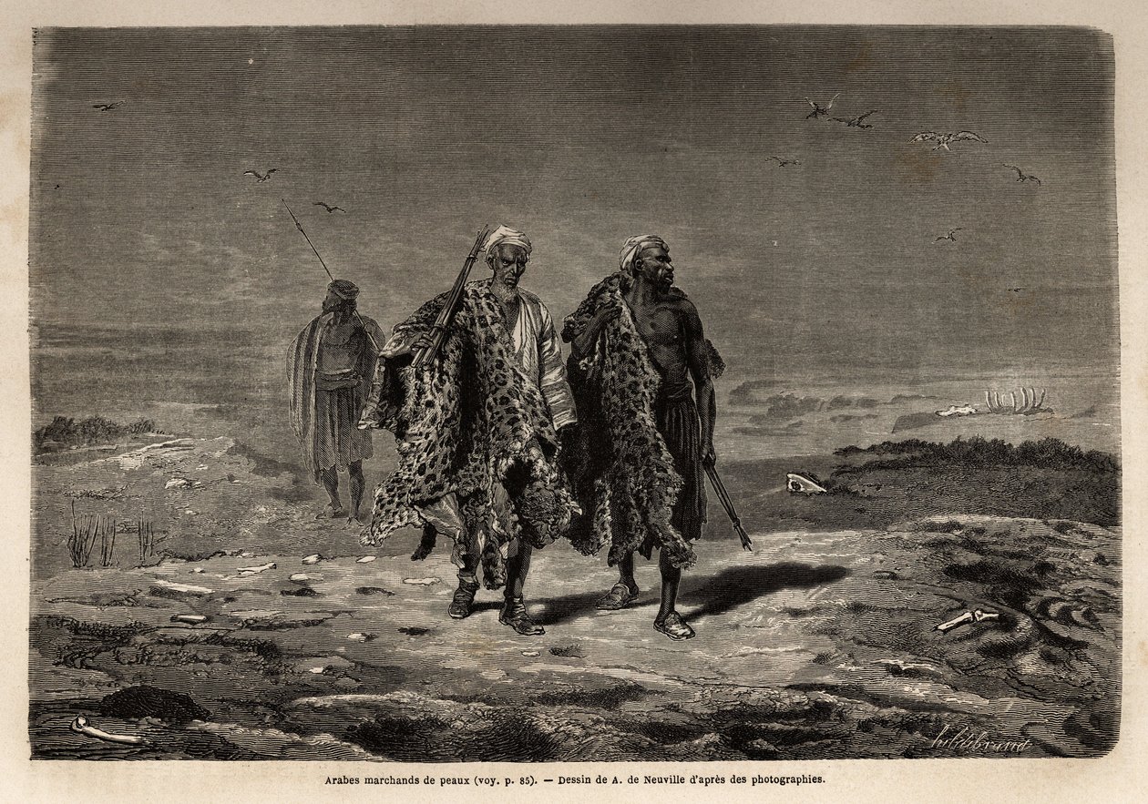 Beduini arabi, mercanti di pelli di pantera e lana di pecora, in viaggio verso il mercato di Baghdad (Iraq). Incisione per illustrare il viaggio in Babilonia, nel 1866, di Guillaume Lejean, in 