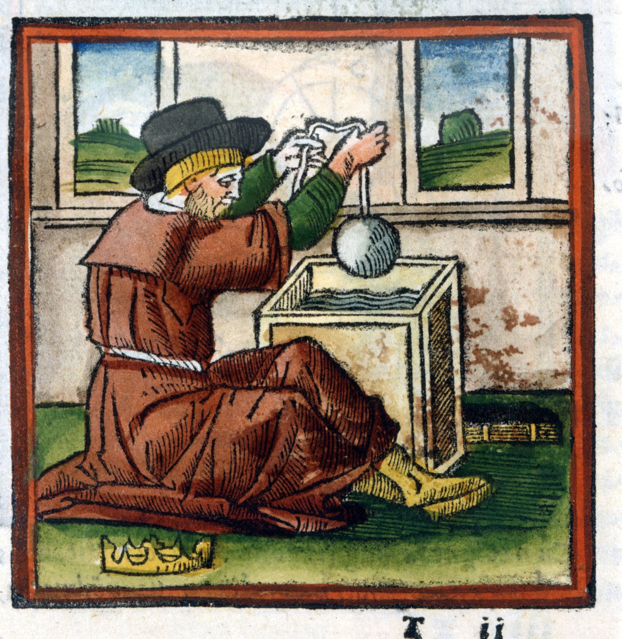 Archimede determina il peso della corona di Ierone per immersione in acqua (esperienza di spinta) - incisione da Unknown artist