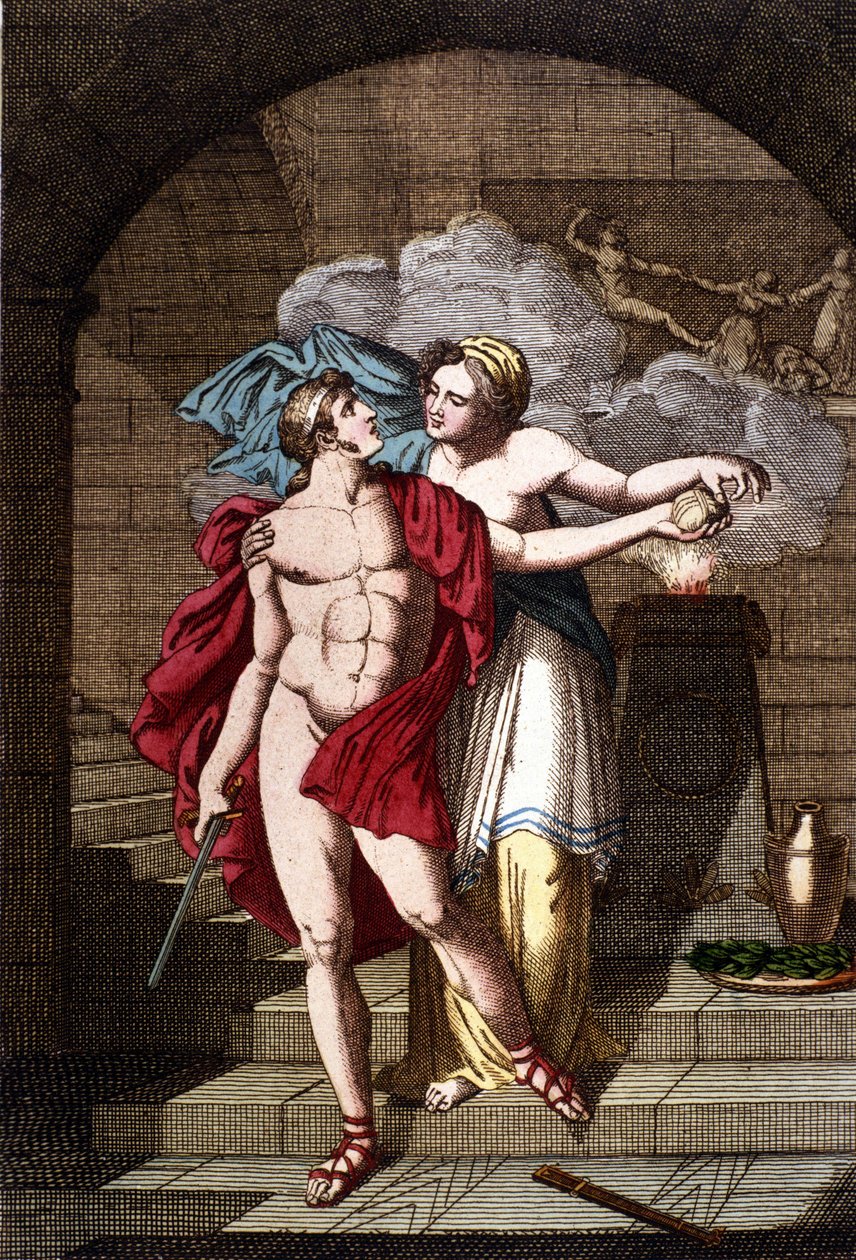 Arianna dà a Teseo il filo per uscire dal labirinto - in Dizionario mitologico da Unknown artist