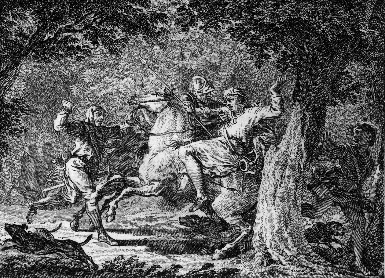 Assassinio di Childerico II, 675: il re dei Franchi (circa 653-675) fu ucciso nella foresta di Lognes da Bodillon, un signore che aveva frustato. Incisione del XVIII secolo da Unknown artist