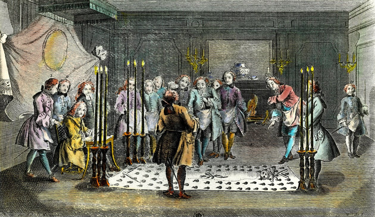 Assemblea di Massoni per la ricezione dei maestri Incisione intorno al 1750 Collezione privata da Unknown artist