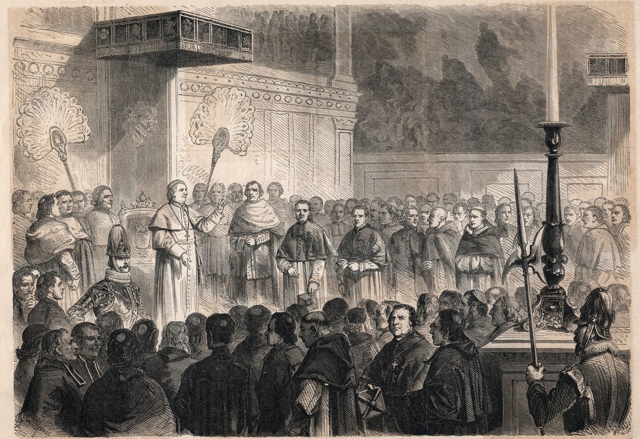 Udienza concessa da Papa Pio IX (1792-1878) a ecclesiastici stranieri nella Cappella Sistina a Roma in occasione delle celebrazioni della canonizzazione dei 26 "martiri del Giappone", un gruppo di cattolici crocifissi in Giappone nel 1597 da Unknown artist