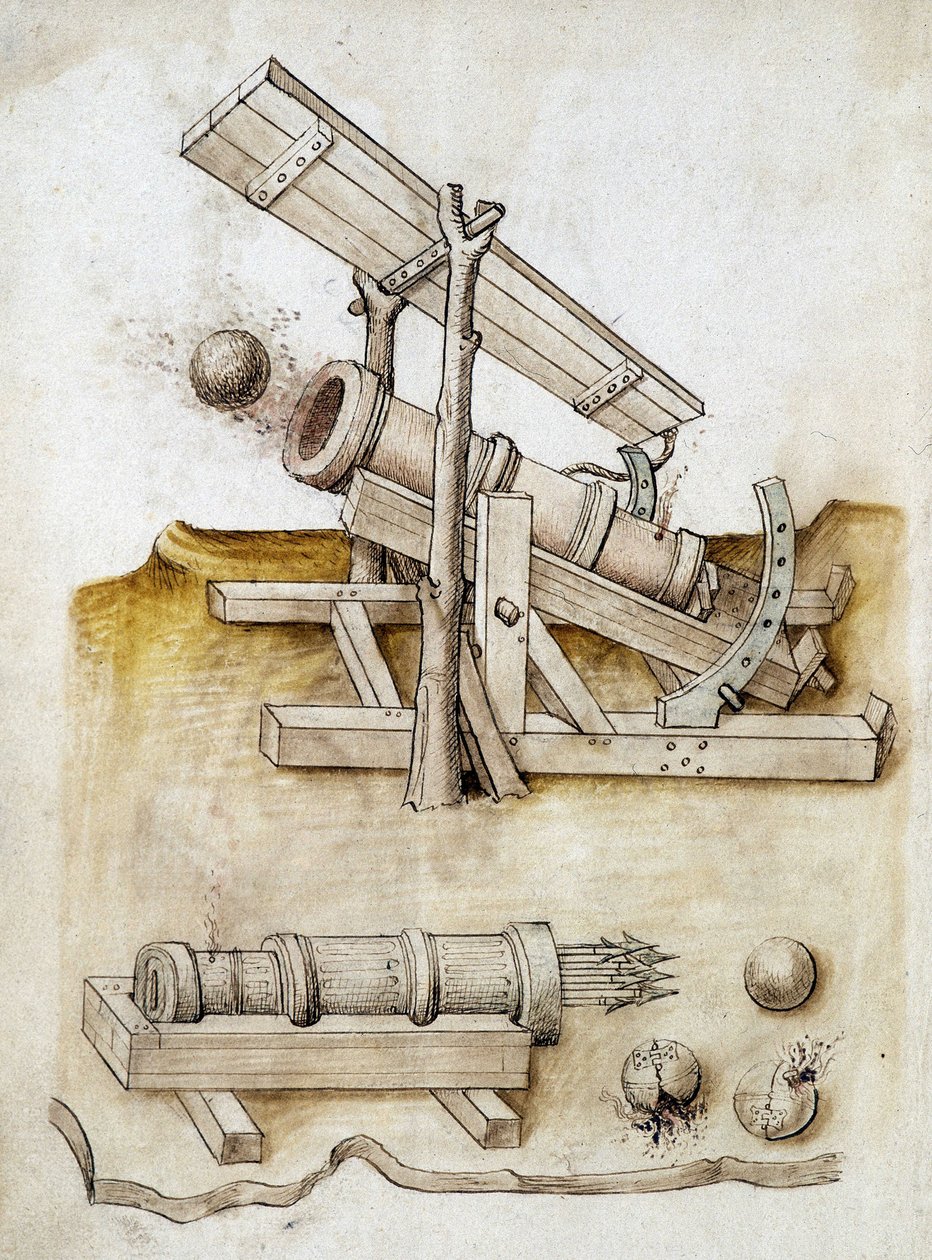 Cannone a palla e cannone a freccia - Manoscritto: foglio di pergamena di un manuale di ingegneria per la costruzione di edifici civili, religiosi e militari, anonimo, fine XV secolo da Unknown artist