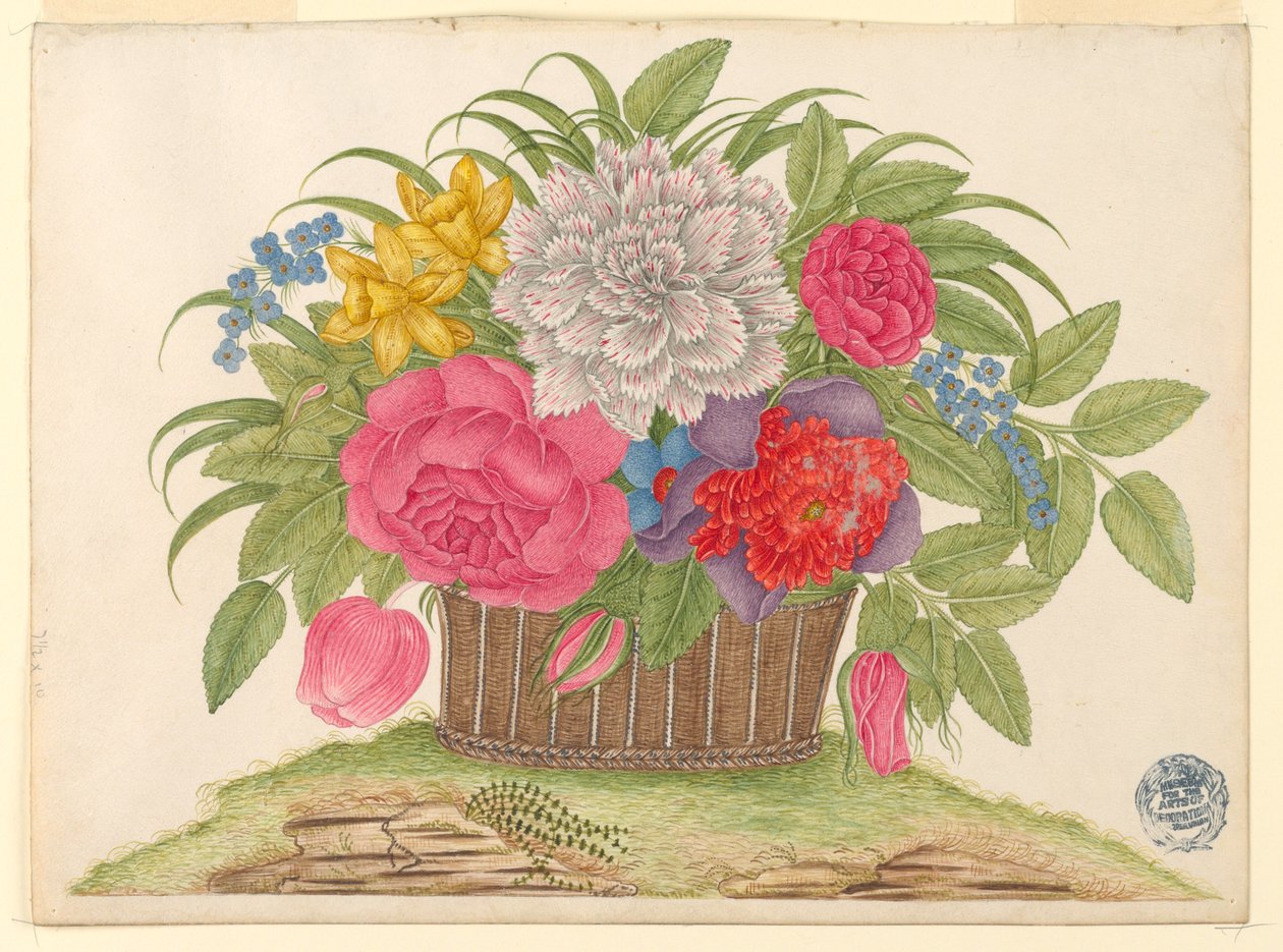 Cesto di fiori e foglie sulla terra da Unknown artist