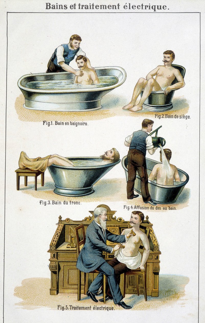 Bagni e trattamenti elettrici: 1) Vasca da bagno, 2) Bagno a sedile, 3) Bagno al tronco, 4) Bagno alla schiena, 5) Trattamento elettrico - in "Bilz, Natural Medication", fine XIX secolo da Unknown artist