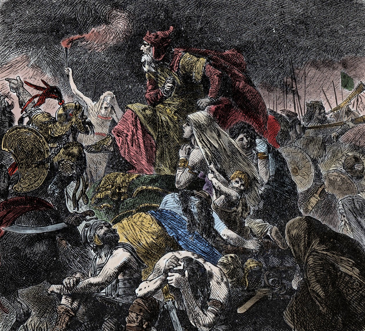Battaglia dei Campi Catalaunici, dove i Romani, i Franchi e i Visigoti riuniti sconfiggono gli Unni di Attila e gli Ostrogoti vicino a Troyes, Aube - Invasioni barbariche da Unknown artist