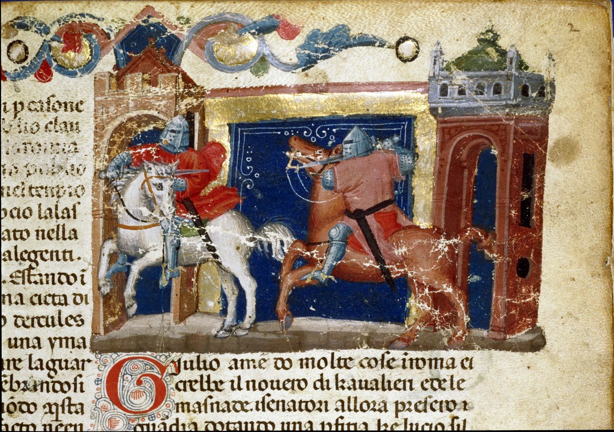 Scena di battaglia, due cavalieri in armatura che si affrontano, dettaglio di una pagina di manoscritto “I fatti dei Romani” (Ms. 1538) circa 1340. Firenze, Biblioteca Riccardiana da Unknown artist