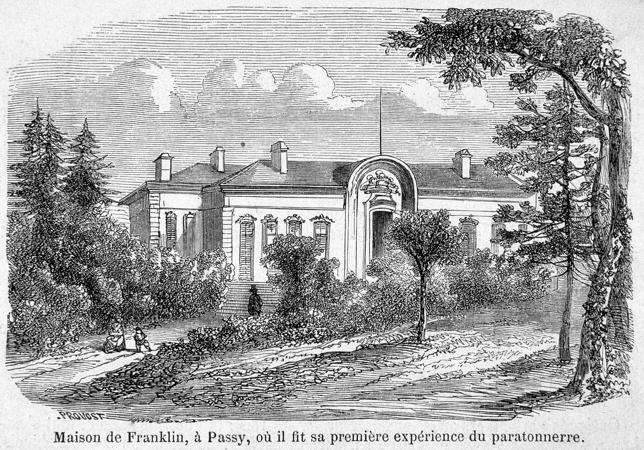 Casa di Benjamin Franklin a Passy, dove fece la sua prima esperienza con il parafulmine - incisione da Unknown artist