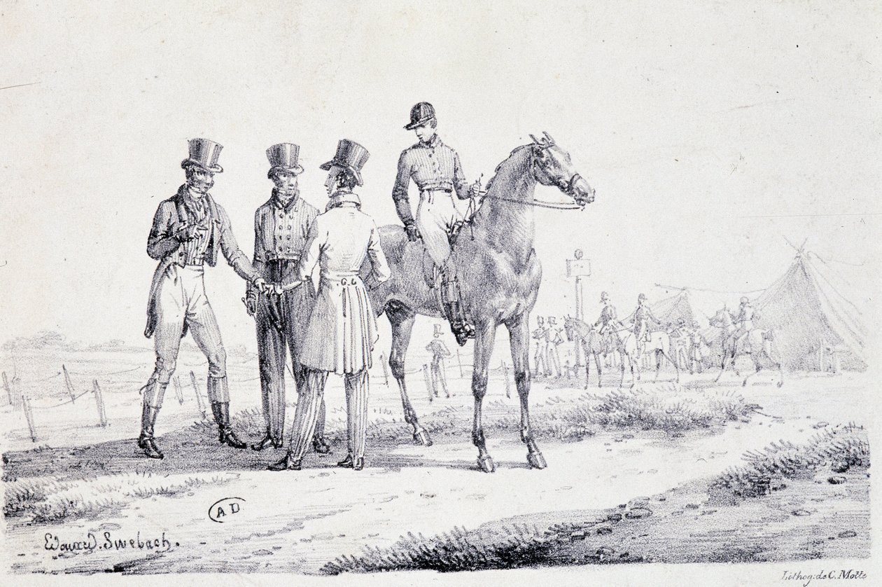 Scommessa sul bordo del campo di corsa con un fantino a cavallo - litografia, inizio XIX secolo da Unknown artist