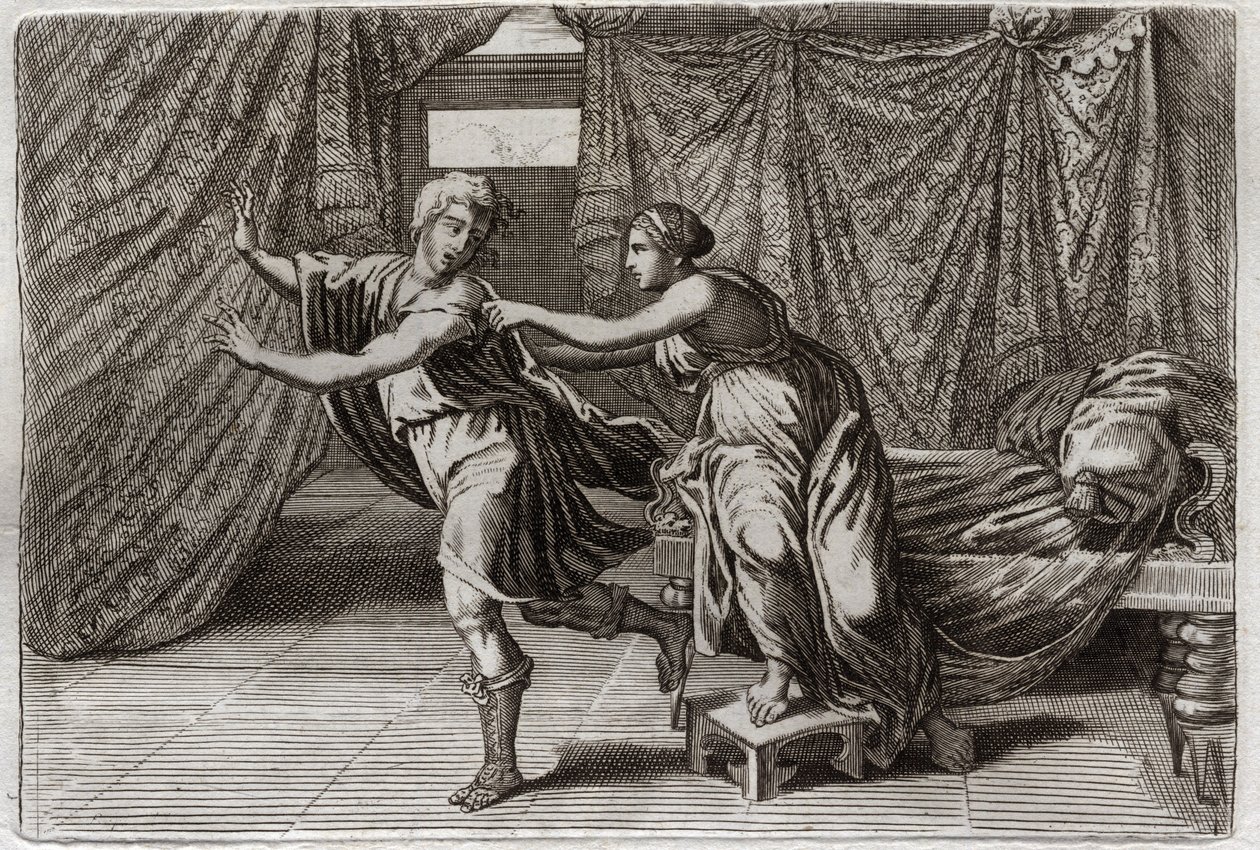 Bibbia di Royaumont, Antico Testamento: Castità di Giuseppe. Giuseppe sollecitato dalla moglie di Putifarre e imprigionato. Illustrazione del 1811. da Unknown artist