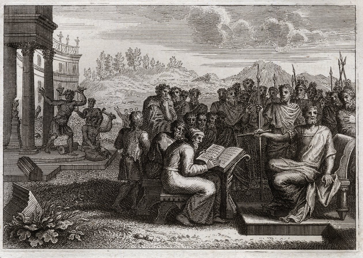 Bibbia di Royaumont, Antico Testamento: Pietà di Giosia. Giosia, re di Giuda, ristabilisce il culto di Dio nel suo regno e supera in virtù tutti i re suoi predecessori. Illustrazione del 1811. da Unknown artist