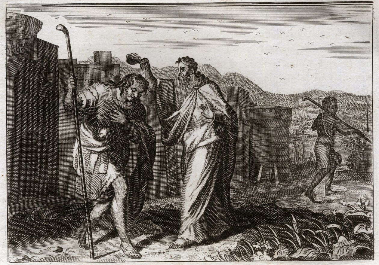 Bibbia di Royaumont, Antico Testamento: Rito di Saul. Samuele, per ordine di Dio, consacra Saul re degli Ebrei. Illustrazione del 1811 da Unknown artist