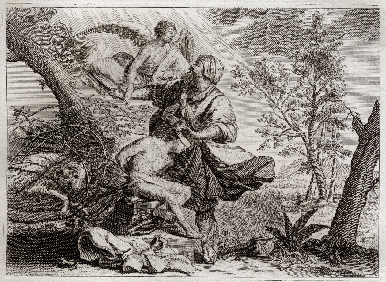 Bibbia di Royaumont, Antico Testamento: Sacrificio di Abramo. Un angelo trattiene la mano di Abramo prima del sacrificio di suo figlio Isacco. A sinistra, il montone che Abramo ucciderà al suo posto. Illustrazione del 1811. da Unknown artist
