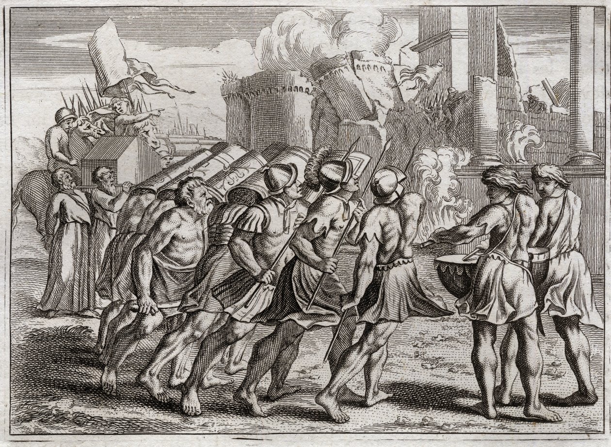 Bibbia di Royaumont, Antico Testamento: La presa di Gerico. Le mura di Gerico cadono al suono delle trombe dei sacerdoti che precedevano l