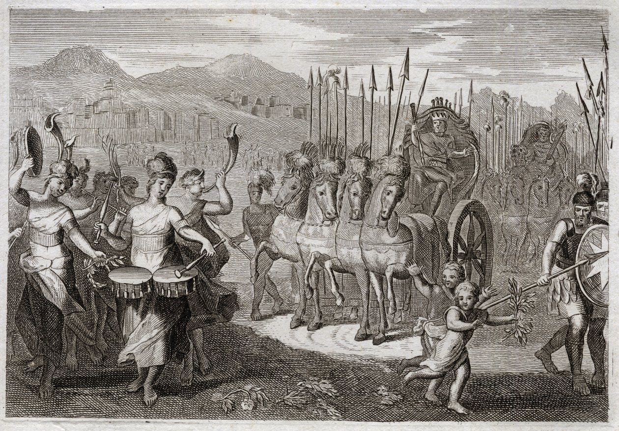 Bibbia di Royaumont, Antico Testamento: Trionfo di Davide. Dopo che Davide ha sconfitto il gigante Golia, le donne di Israele lo precedono per onorare il suo trionfo, con grida di gioia e il suono degli strumenti. Illustrazione del 1811. da Unknown artist