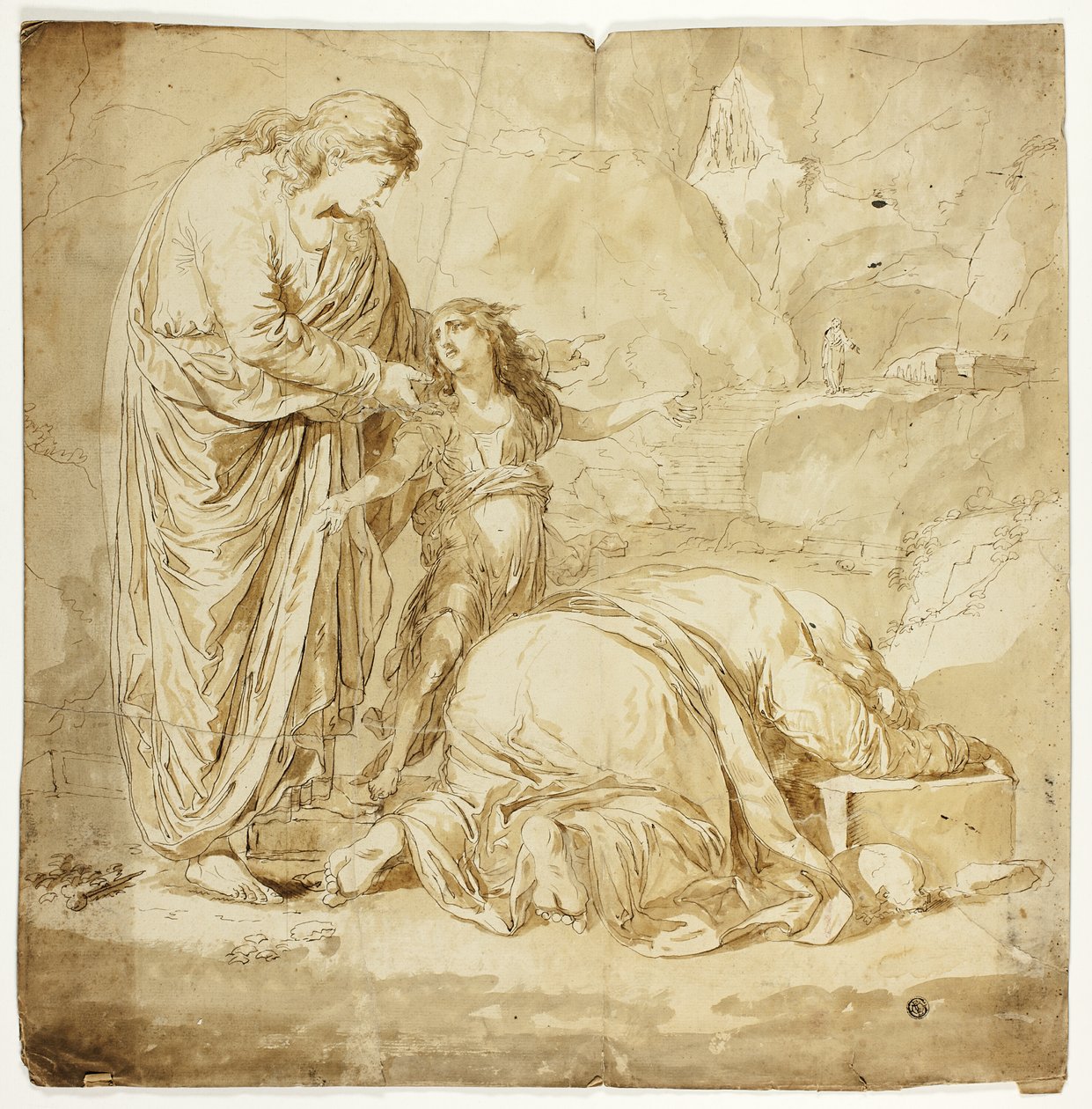 Scena biblica con due donne e un bambino in primo piano da Unknown artist