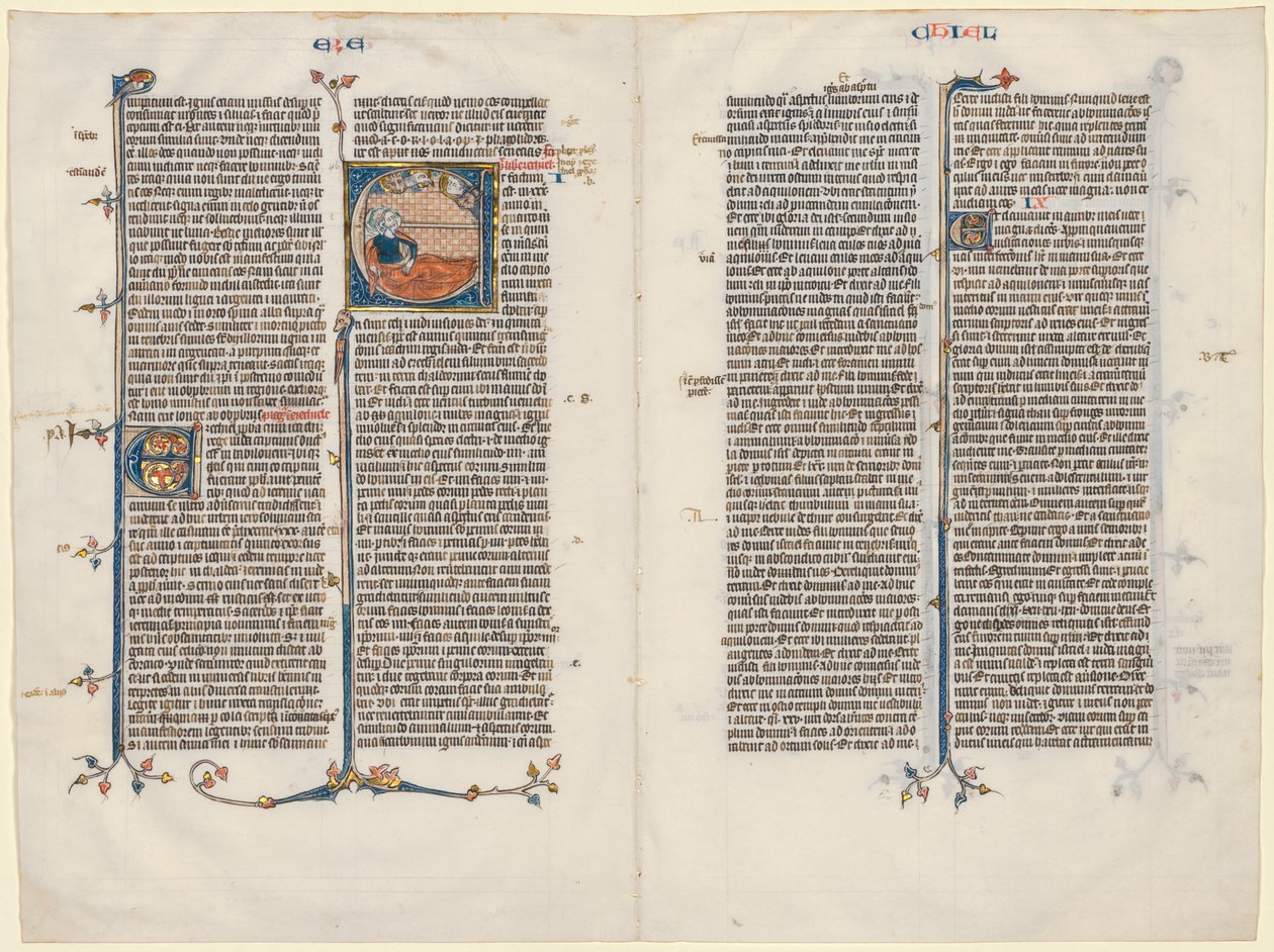 Bifolio di una Bibbia: Iniziale E[t factum est] con Ezechiele da Unknown artist