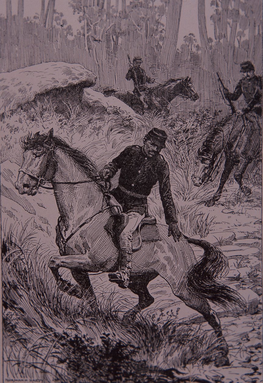 Tracciatori neri che inseguono bushrangers in Australia (incisione) da Unknown artist