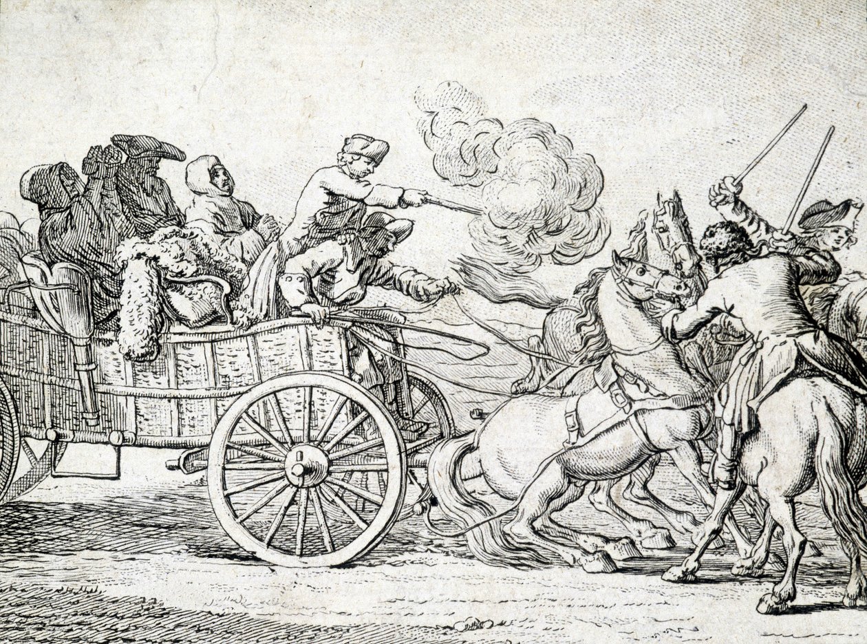 Briganti che attaccano passeggeri su un carro. Incisione di un anonimo del XVIII secolo. da Unknown artist