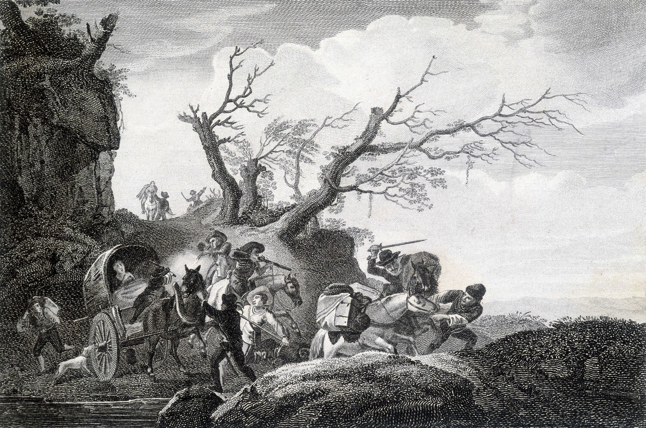 Briganti che attaccano viaggiatori su una strada di campagna. Incisione di un anonimo del 18° secolo da Unknown artist