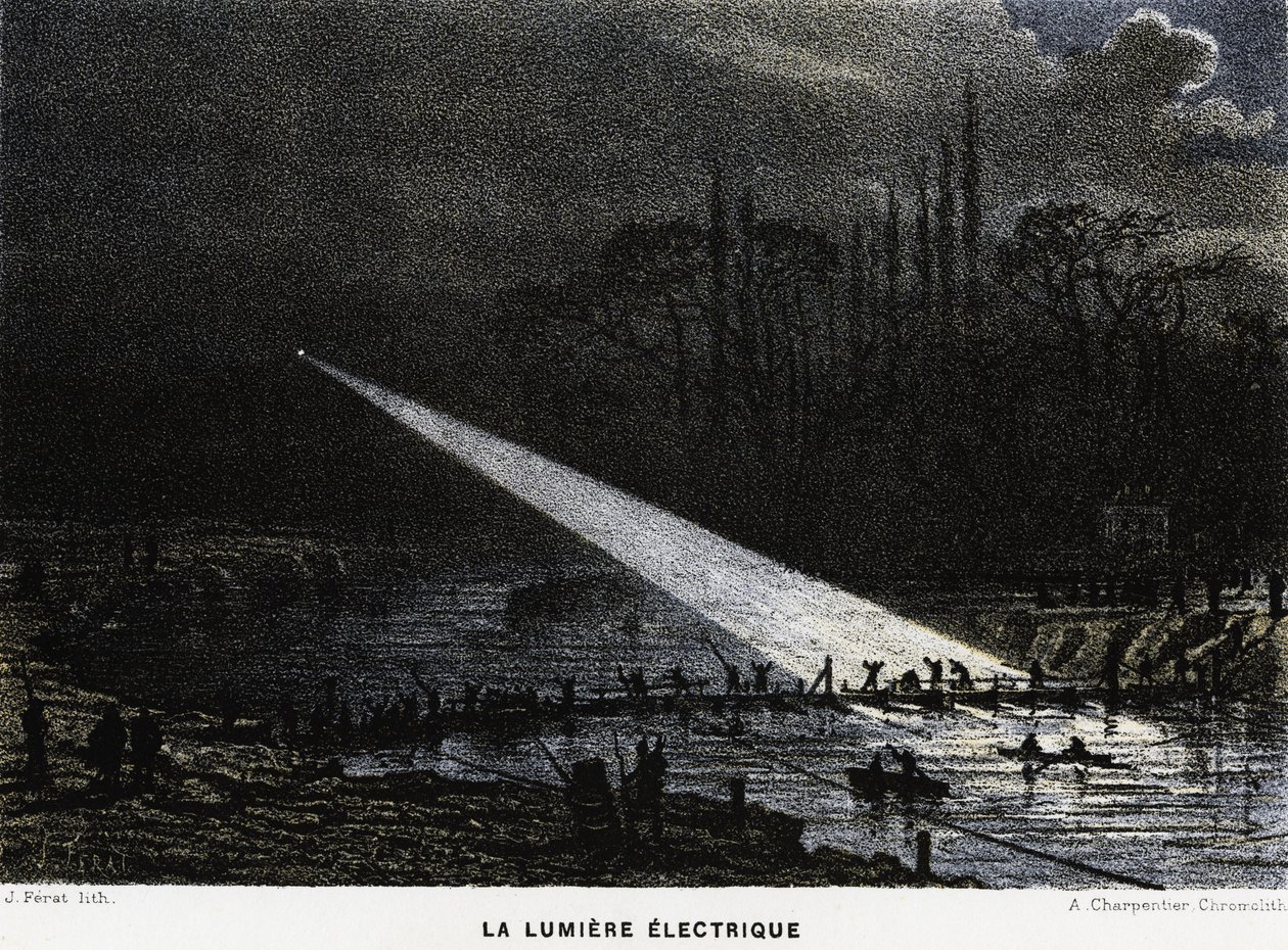 Costruzione di difese attraverso la Senna di notte usando la luce ad arco. Guerra Franco-Prussiana da Unknown artist